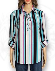 Jones New York Signature Lace-Up Striped Blouse White Aqua Blue Pink Size M