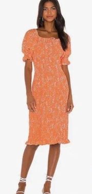 FAITHFULL THE BRAND Fae Shirred Orange Floral Smocked Crepe Midi Dress Medium/6