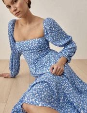 Reformation Blue Floral Micah Puff Sleeve Midi Dress