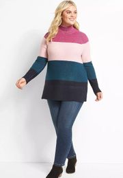 Turtleneck Cuff Buttons Color Block Sweater