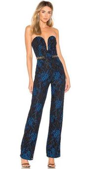 h:ours Salva Jumpsuit in Blue & Black Lace Strapless Chain Detail Size Medium