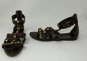 Miu Miu Genuine Smooth Leather Open Toe Studded Gladiator Flat Sandals Brown 7.5