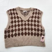 Sincerely Jules Womens Fuzzy Soft Sweater Vest Size Large Tan Brown Argyle