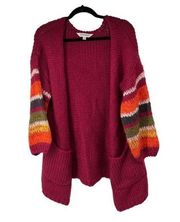 Davi & Dani Burgundy Rainbow Striped Sleeves Open Cardigan