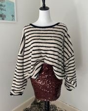 Free People Black and White Striped Furry Crewneck Sweater