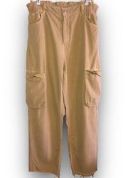 Straight Cargo Pants Paper Bag Elastic Waist High Rise Khaki Raw Hem 12