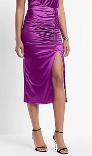 Satin Super High Waisted Ruched Side Slit Midi Skirt