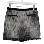 Lamb Leather Trim Linen Tweed Fringe Mini Skirt Grey Black Size 4