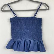 HELLO MISS Top Denim 100% Cotton Smocked Ruffle Hem Sleeveless Semi Crop Top S