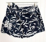 J.O.A. 100% Linen Shorts Floral Flowers Navy Blue White Waist Tie Size Small