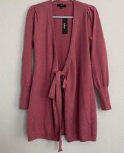 Cardigan Sweater Small Pink Open Front Belted Longline Puffed