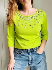 Y2K KNit Top Neon Green Beaded Size XS Statement Style Spring Summer