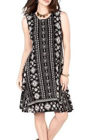 A Line Swing Dress Black Cream Batik Print Women’s Large VGC