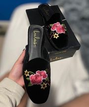 Black Velvet Embroidered Square-Toe Loafer Slides