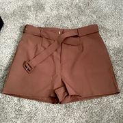 Misguided Tailored High Waisted Belted Shorts in Chocolate
