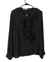 Mango Black Ruffled Trim Long Sleeve Linen Blend Career Blouse Women Sz 8