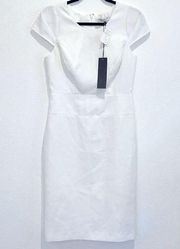 HALSTON | White Pencil Dress w/ Cap Sleeves & Jewel-Neckline | Size 6 / Small