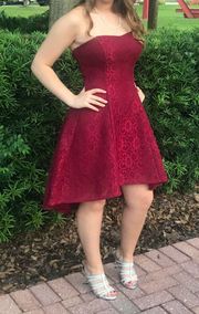 Maroon Laced Strapless High-Low Dress