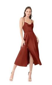 AZAZIE CECI A-Line Side Slit Stretch Satin Tea-Length Dress Terracotta