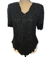 Vintage Laurence Kazar New York Black Beaded V Neck Short Sleeve silk xl Top