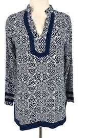 Escapada Trimmed Split Neck Tunic Top Blue White Size XS