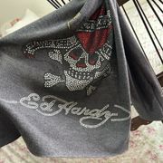 Ed Hardy Embellished Love Kills Slowly Scarf 80” Length Grey Raw Edges Unisex