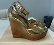 Beige Patent Leather Pela Cork Wedge T Strap Sandal IT/EU 38.5 US 8.5