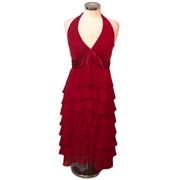 Amanda Smith Red Sheath Dress Low V Neck Ruffled Halter Low Back Size 10