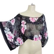 French Kiss Womens Size Small Black Pink Floral Sheer Kimono Cropped Top Mod Y2K