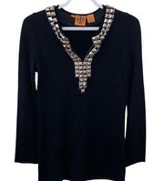 Tory Burch black 100% merino sweater tunic with studded embellished neck size XS