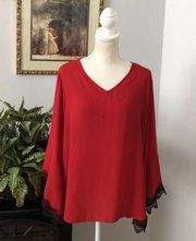 EST 1946 Women Blouse Size L Red Long Bell Sleeve Hem Lace V-neck Collarless