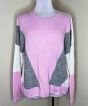 Halogen Sweater LARGE Pink Gray Colorblock Knit Crewneck Pullover Stripe Winter