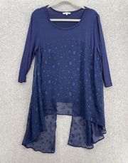 Ava James Women's Hi Low Blouse Sheer Solid Navy Blue Size Large Long Sleeve