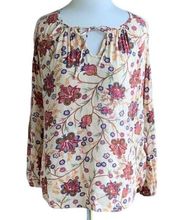 Ralph Lauren Chaps quarter sleeve drawstring keyhole tan floral blouse ladies S