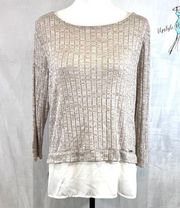 Ivanka Trump heathered tan rib knit twofer sweater top size medium