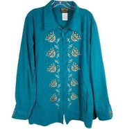 Bob Mackie Plus Size 1X Jacket Green Embroidered Wearable Art Blue White 1337