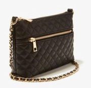 Black quilted faux leather crossbody bag with gold details