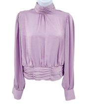 Elenza L&L Mock Neck Balloon Sleeve Open Back Tie Back Silky Satin Blouse Top