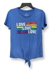 Womens T-Shirt Love Rainbow Blue Graphic Short Sleeve Front Knot M