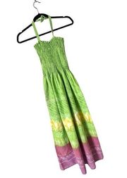 Vintage Just Love TUBE TOP SUN DRESS Hatler Ties Green Pink 50" Long Cotton XL