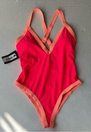 NWT  One piece swimsuit neon coral and peach size small