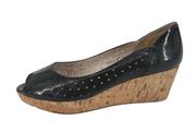 Chocolat Blu Patent Leather Peep Toe Perforated Cork Wedge Black Beige Size 7