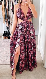 Tularosa Maroon Floral Ruffle Cut Out Maxi Dress 