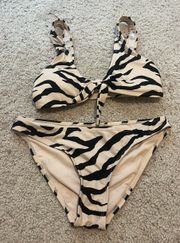 Tan And Black Zebra Stripe V Neck Bikini With Tie Front