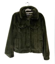 Ci Sono Olive Green Faux Fur Button Up Teddy Jacket Soft Pocket Size Large - EUC