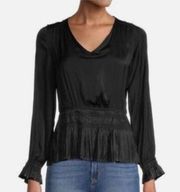 Philosophy Black Silky Smocked Pleated V-neck Peplum Top