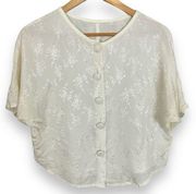 Vintage Batwing Blouse White Cream Iridescent Floral Short Sleeve Large Buttons