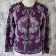 Saks Fifth Ave Belford purple paisley merino wool cardigan size xl