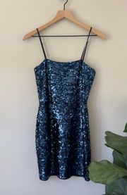 Blue Sequin Mini Dress Adjustable Spaghetti Straps Zip Up Back EUC