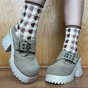. Vintage Y2K Tan Beige Fabric Chunky Platform Buckle Heeled Mule Shoes